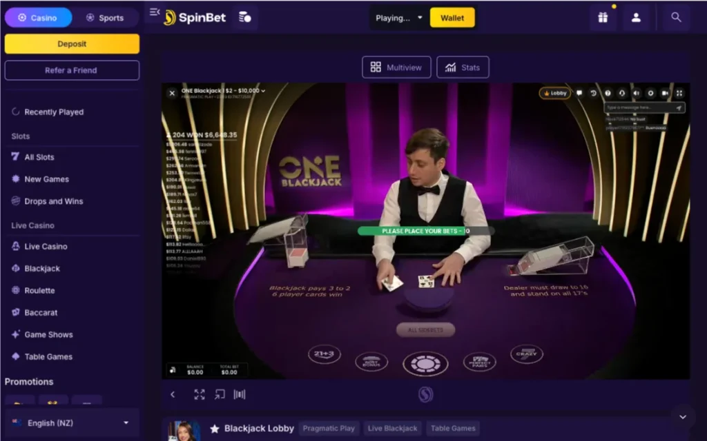 SpinBet Casino Live Blackjack play
