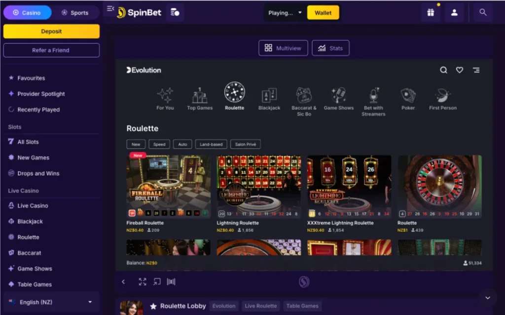 SpinBet Casino Live Selection