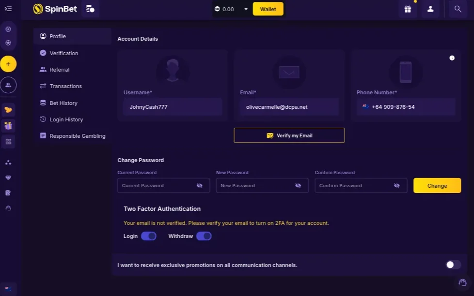 SpinBet Casino Profile Page