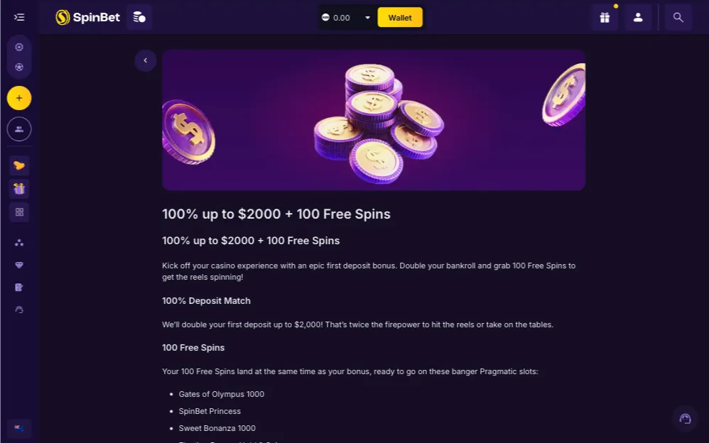 SpinBet Casino Welcome bonus